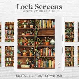 Op de afbeelding: Een set digitale vergrendelschermen voor de Kobo Libra Colour e-reader. De schermen tonen illustraties van boekenkasten gevuld met boeken, planten en bloemen. De tekst "Lock Screens" en "Compatible with Kobo Libra Colour" wordt bovenaan de afbeelding weergegeven. De tekst "DIGITAL + INSTANT DOWNLOAD" wordt onderaan de afbeelding weergegeven.