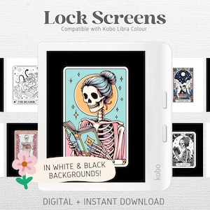 Op de afbeelding: Een set van 10 digitale vergrendelscherm afbeeldingen voor de Kobo Libra Colour e-reader. De afbeeldingen tonen een skelet dat een boek leest met een kleurrijke achtergrond. De tekst "Lock Screens" en "Compatible with Kobo Libra Colour" staat bovenaan de afbeelding. De tekst "IN WHITE & BLACK BACKGROUNDS!" staat onderaan de afbeelding. De tekst "DIGITAL + INSTANT DOWNLOAD" staat onderaan de afbeelding.