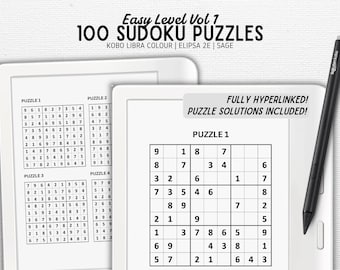 Sudoku diseñado para Kobo Libra Colour, Elipsa 2E, Sage / Vol 1; 100 ROMPECABEZAS FÁCILES / Descarga digital / PDF con hipervínculos