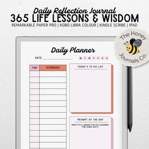 Könnte beinhalten: Digitaler Tagesplaner mit rosa und orangefarbenem Farbschema. Der Planer enthält Abschnitte für Zeit, Zeitplan, To-Do-Liste und eine tägliche Aufforderung. Der Text lautet "Daily Reflection Journal 365 Life Lessons & Wisdom."