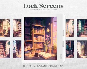 14 Lock Screens for Kobo Libra Colour Kobo Clara Colour Screensavers | Lofi Library | Kobo Wallpapers | Digital Download
