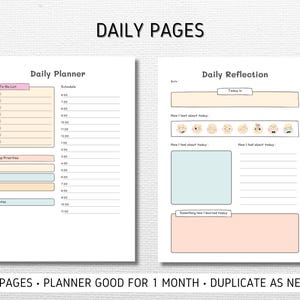 May include: A printable daily planner and reflection page with sections for to-do lists, schedules, top priorities, notes, how you feel about the day, and something new you learned. The planner has a light pink and blue color scheme with cute cartoon faces.