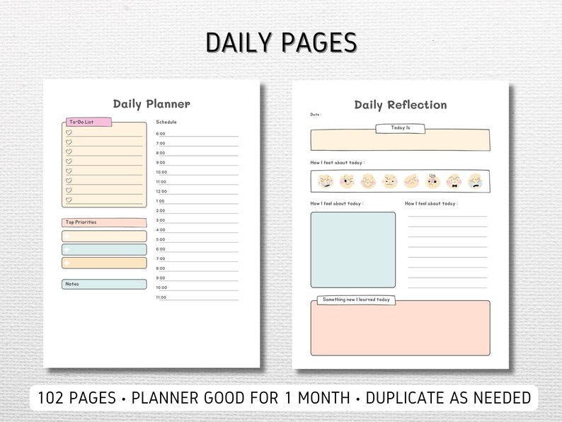 May include: A printable daily planner and reflection page with sections for to-do lists, schedules, top priorities, notes, how you feel about the day, and something new you learned. The planner has a light pink and blue color scheme with cute cartoon faces.