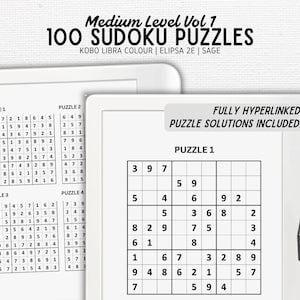 May include: Two white e-readers showing Sudoku puzzles. The text reads "Medium Level Vol 1 100 Sudoku Puzzles." A black stylus is positioned on the side. The puzzles are fully hyperlinked with solutions included.