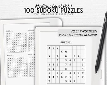 Quebra-cabeça de Sudoku desenvolvido para Kobo Libra Colour, Elipsa 2E, Sage | Vol. 1; MÉDIO 100 QUEBRA-CABEÇAS | Download digital | PDF com hiperlink
