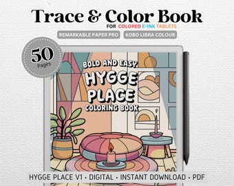 May include: A digital coloring book with 50 pages featuring a cozy living room scene with a round cushion, a plant, and a candle. The title of the book is "Bold and Easy Hygge Place Coloring Book".