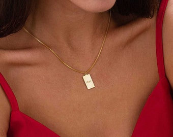 14K Gold Bar Name Necklace, Personalized Tag Necklace, Engraved Custom Bar, Gift For Her, Mother's Day Gift For Women, Gift For Mother