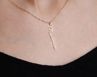 14K Solid Gold Name Necklace, Vertical Name Necklace, Handwriting Jewelry, Personalized Women Gifts For Her, Mothers Day Gift For Mom