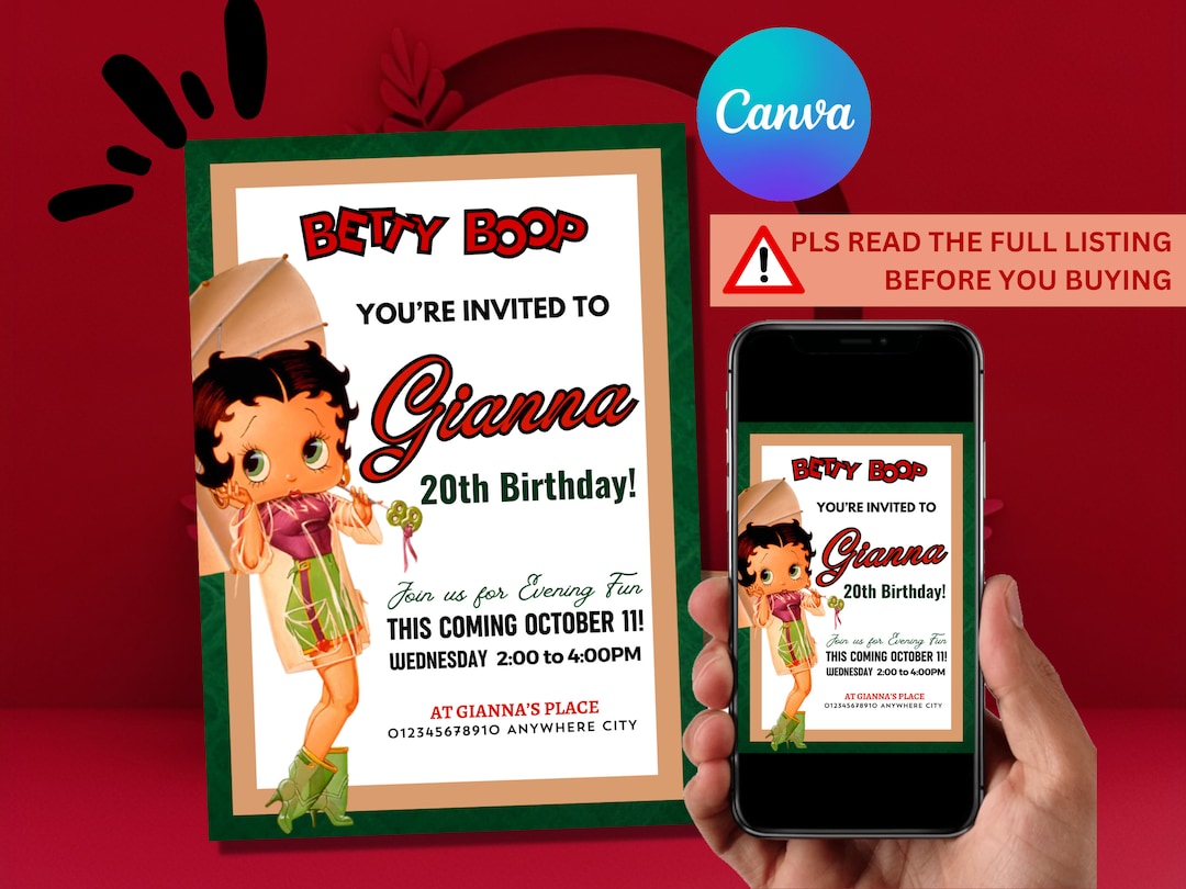 Editable Retro Boop Betty Boop Birthday Invitations - Etsy