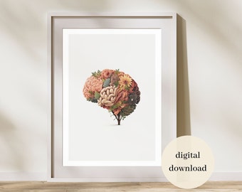 Therapist decor, brain art flower print, inspirational mental health poster, emdr therapy, neutral wall art, counseling office