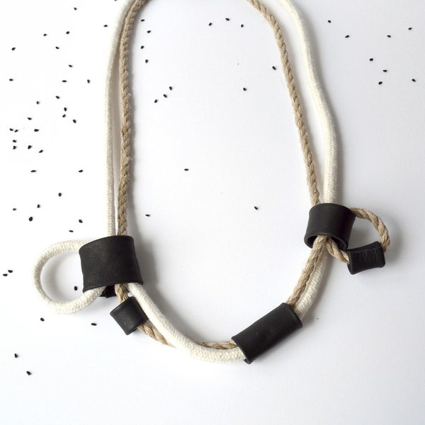 Eco friendly cotton and linen rope necklace/ OOAK necklace/ Contemporary eco friendly necklace. Black and white necklace.