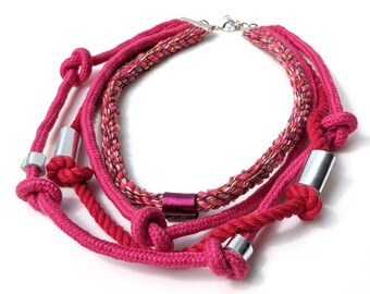 Eco friendly colorful pink necklace/ Summer pink necklace from recycled materials/ Only pink necklace/ Nautical rope necklace.