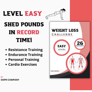 Könnte beinhalten: Ein digitales Booklet in Pink und Schwarz mit dem Titel "Weight Loss Challenge: Easy Level" und einer Grafik einer Person, die einen Liegestütz macht. Das Booklet bietet 26 Workouts für zu Hause und enthält eine Grafik einer Person mit roten Muskelmarkierungen.