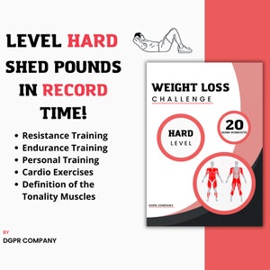 Könnte beinhalten: Ein roter und schwarzer Gewichtsverlust-Challenge-Leitfaden mit dem Text "WEIGHT LOSS CHALLENGE" und "HARD LEVEL" in Weiß. Der Leitfaden enthält 20 Heimtrainings und zeigt Illustrationen einer Person, die Sit-ups macht, und einer Person mit hervorgehobenen Muskeln.