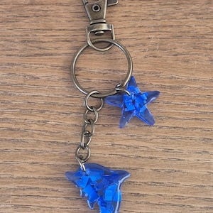 Portachiavi a forma di delfino fatto a mano con plastica oceanica riciclata e resina epossidica. Ogni vendita finanzia la pulizia dell'oceano. L'articolo viene consegnato in una scatola regalo di cartone.