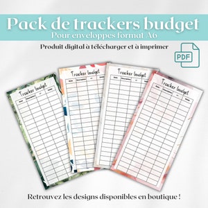Könnte beinhalten: Vier A6-Budget-Tracker mit floralen und abstrakten Designs. Jeder Tracker hat ein Raster zum Aufzeichnen von Ausgaben, mit Spalten für Datum, Beschreibung und Saldo. Der Text "Tracker budget" ist oben auf jedem Blatt zu sehen.