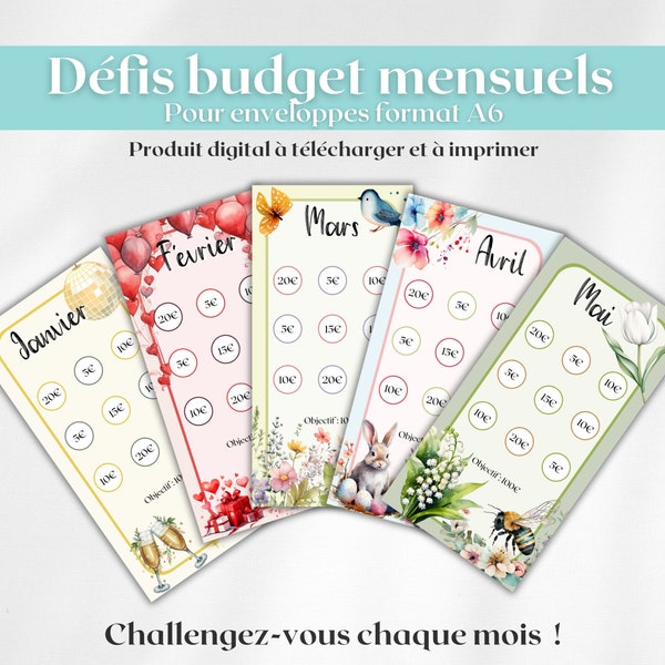 12 Défis mensuels pour enveloppes budget A6 / défis mois de l'année / Kit défis budget / PDF à imprimer et plastifier