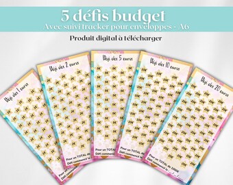 5 Budget Envelope Challenges (A6 format) / Budget Challenge Tracker (French A6) / Budget Challenge Kit / Printable and Laminate PDF - Confetti