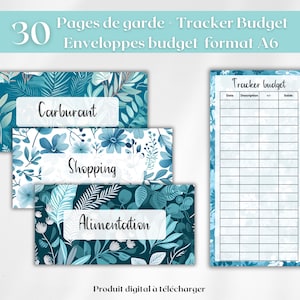 Peut inclure: Un ensemble d'enveloppes budgétaires format A6 et une feuille de suivi budgétaire avec des motifs floraux et botaniques bleus et blancs. Les enveloppes portent les inscriptions Carburant, Shopping et Alimentation. La feuille de suivi comporte des colonnes pour la date, la description, le plus ou moins et le solde.
