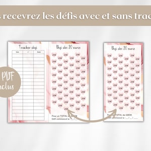Pu&ograve; includere: Sfide di risparmio stampabili in PDF digitale. L'immagine mostra due pagine rosa e bianche con testo in francese. Una pagina ha un tracker con linee, e l'altra cuori con il numero 20 all'interno. Il testo dice "Vous recevrez les d&eacute;fis avec et sans trackers".