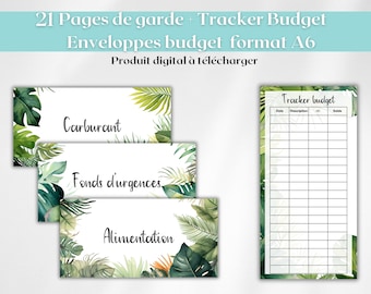 21 omslagpagina's, budget-enveloppen met ritssluiting, A6-ringband, aanpasbare etiketten + printbare budgettrackers - Tropisch patroon