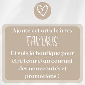Pu&ograve; includere: Grafica color beige con il testo "Ajoute cet article &agrave; tes FAVORIS" e "Et suis la boutique pour &ecirc;tre tenu(e) au courant des nouveaut&eacute;s et promotions!". Un cuore bianco in alto.