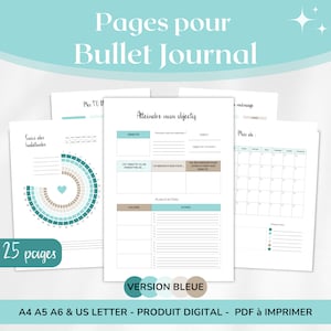 Peut inclure: Ensemble de pages de bullet journal imprimables, aux tons bleu clair et neutres. Les pages incluent des suivis d'habitudes, des modèles de fixation d'objectifs et des calendriers mensuels. Le texte est en français. Disponible en formats A4, A5, A6 et US Letter.