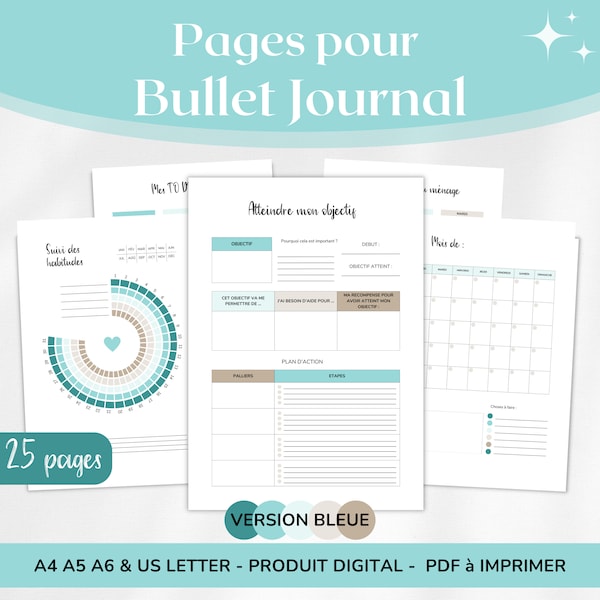 Pages pour Bullet Journal à imprimer, kit pages pour BUJO en français, inserts planner organisation en français - Version BLEUE