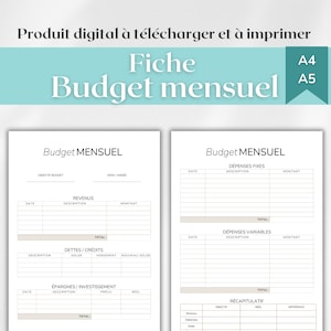 May include: Two printable monthly budget sheets in A4 and A5 sizes. The sheets are white with a light beige header and lines. The text "Budget MENSUEL" is at the top of each sheet. The sheets include sections for income, expenses, and savings.