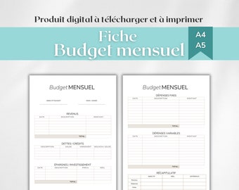 Monthly budget sheet A4 A5 format to print, budget monitoring per month
