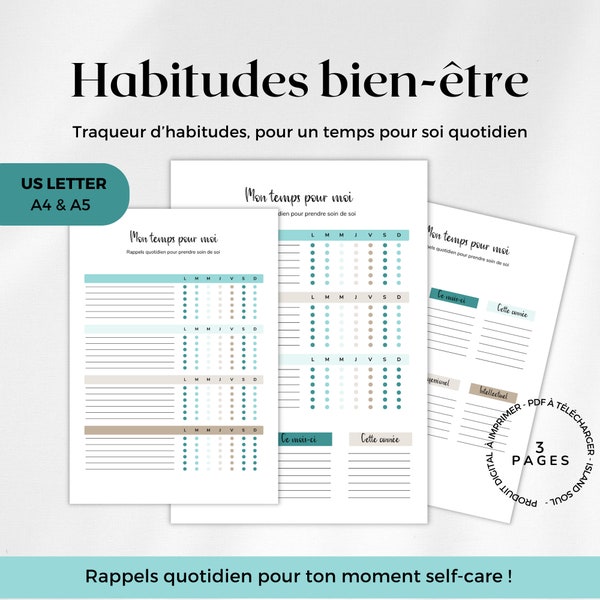 Suivi hebdomadaire des habitudes bien-être, traqueur self-care, PDF développement personnel à télécharger et à imprimer, A4  A5  Us letter