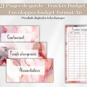 Könnte beinhalten: Digitaler Download eines Budget-Trackers und Budget-Umschlägen im A6-Format. Die Umschläge weisen ein rosa-weißes Marmormuster mit Etiketten für Kategorien wie "Carburant", "Fonds d'urgences" und "Alimentation" auf. Ein passender Tracker ist ebenfalls enthalten.