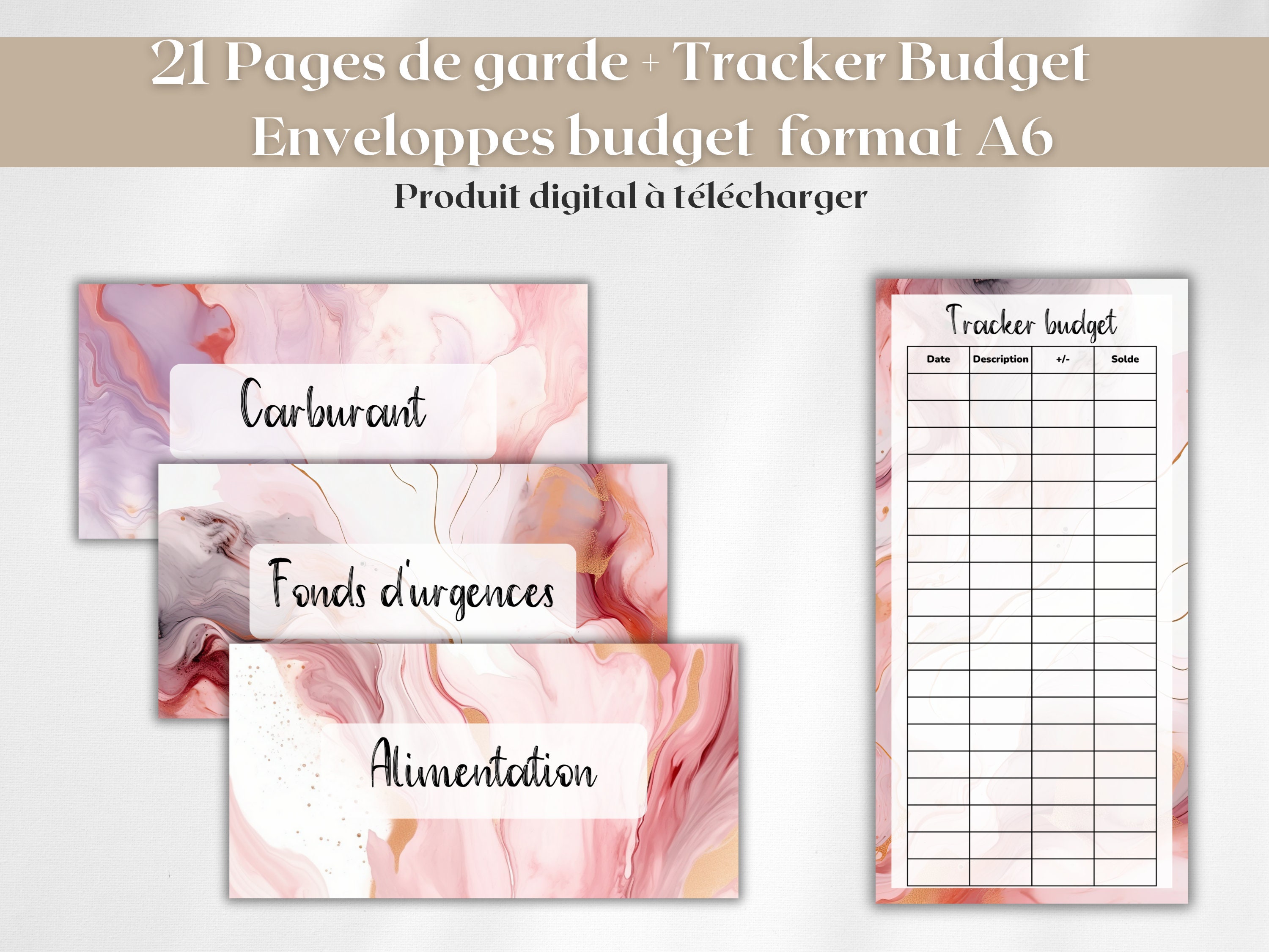 5 A6 Format Budget Envelope Challenges / French A6 Budget Challenge Tracker  / Budget Challenge Kit / PDF to Print and Laminate Marble 