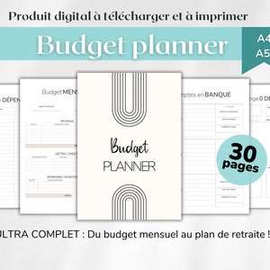 Op de afbeelding: Een digitale budgetplanner met een minimalistisch ontwerp. De omslag toont de tekst "Budget Planner" met een retro boogontwerp. Bevat 30 pagina's voor het bijhouden van uitgaven, inkomsten en besparingen. Verkrijgbaar in A4- en A5-formaten.