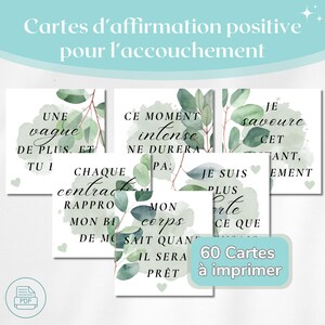 Peut inclure: Un ensemble de cartes carrées illustrées de feuilles d'eucalyptus à l'aquarelle verte avec des affirmations en texte noir. Les cartes portent des phrases comme 'Une vague de plus', 'Ce moment intense' et 'Mon corps sait quand il sera prêt'. 60 cartes à imprimer.