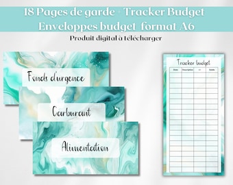 18 Pages de garde enveloppes budget zip classeur A6 étiquettes personnalisables + trackers budget à imprimer bleues