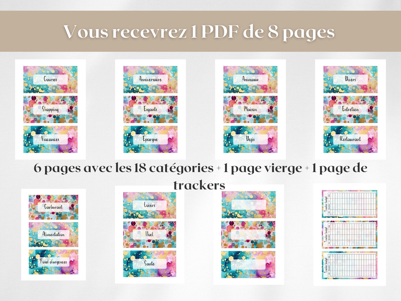 18 Pages de garde enveloppes budget zip classeur A6 étiquettes