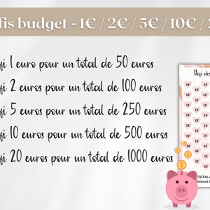 Pu&ograve; includere: Un grafico di sfida al risparmio rosa e bianco con testo in francese, tra cui "5 d&eacute;fis budget" e importi in euro. Un'illustrazione di salvadanaio &egrave; in basso, con un grafico pi&ugrave; piccolo che mostra cuori e simboli di euro.
