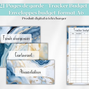 21 Cover pages budget envelopes zip binder A6 customizable labels + budget trackers to print, blue marble