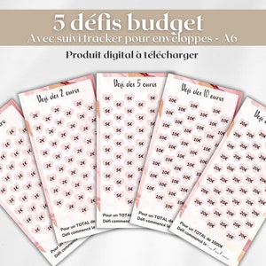 Pu&ograve; includere: Vengono visualizzati cinque tracker di sfide di budget, ciascuno con un valore diverso. Le carte presentano grafiche a forma di cuore con importi in euro, come 1, 2, 5, 10 e 20 euro. Il testo "5 d&eacute;fis budget" &egrave; in alto.