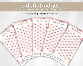 5 A6 size budget envelope challenges / French A6 budget challenge tracker / Budget challenge kit / PDF to print and laminate