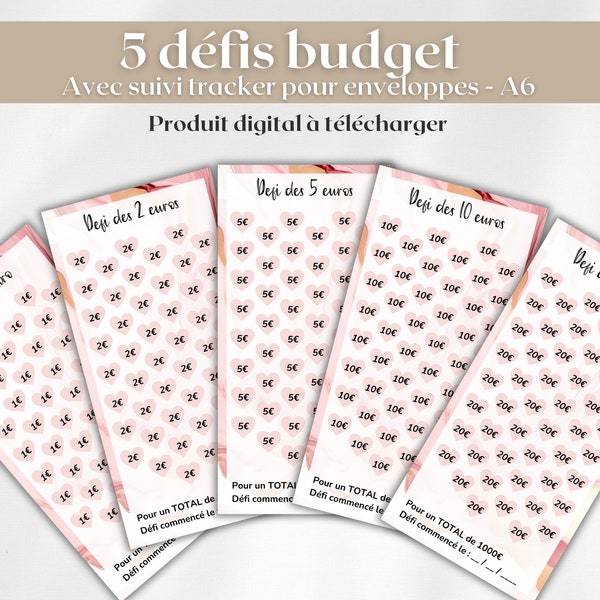 5 Défis enveloppes budget format A6 / Tracker Défi budgétaire A6 français / Kit défis budget / PDF à imprimer et plastifier