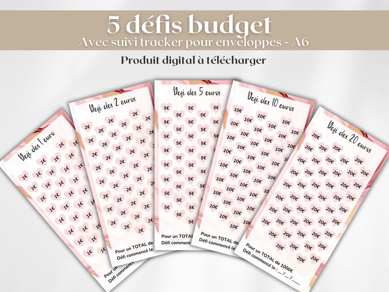 Pu&ograve; includere: Vengono visualizzati cinque tracker di sfide di budget, ciascuno con un valore diverso. Le carte presentano grafiche a forma di cuore con importi in euro, come 1, 2, 5, 10 e 20 euro. Il testo "5 d&eacute;fis budget" &egrave; in alto.