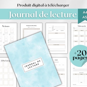 Peut inclure: Journal de lecture numérique avec une couverture bleu clair à l'aquarelle et le texte "Journal de lecture". Le journal comprend des pages pour suivre les livres, les notes et les défis. Le texte "+20 pages" est également visible.