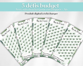 5 Défis enveloppes budget format A6 / Tracker Défi budgétaire A6 français / Kit défis budget / PDF à imprimer et plastifier