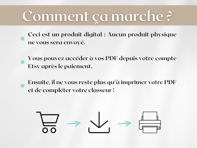 Pu&ograve; includere: Immagine con testo in francese, "Comment &ccedil;a marche ?" (Come funziona?). Istruzioni per un prodotto digitale: accedi al PDF dopo il pagamento, quindi stampa. Include un carrello, una freccia di download e icone della stampante.