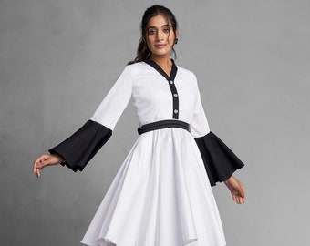 Black And White Cotton Dress With  V-Neck Black Waist Belt, Black Sleeves With White Combination And Pockets