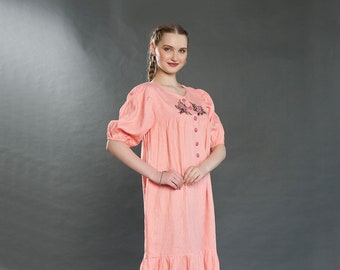 Peach Bubble Linen Dress, Hand Work Flowers, Elbow Sleeves, Front Opening,  Round Neck