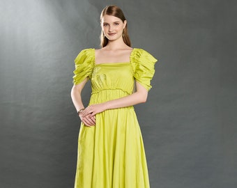 Lemon Yellow Cotton Dress, Ruffles On Waist, Self Colour Handmade Butterfly, Different Sleeves , long casual wear , off shoulder