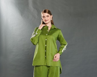 Olive Green & Co-Ord Set, Printed Button, Printed Side Design, Shirt Collar, front open